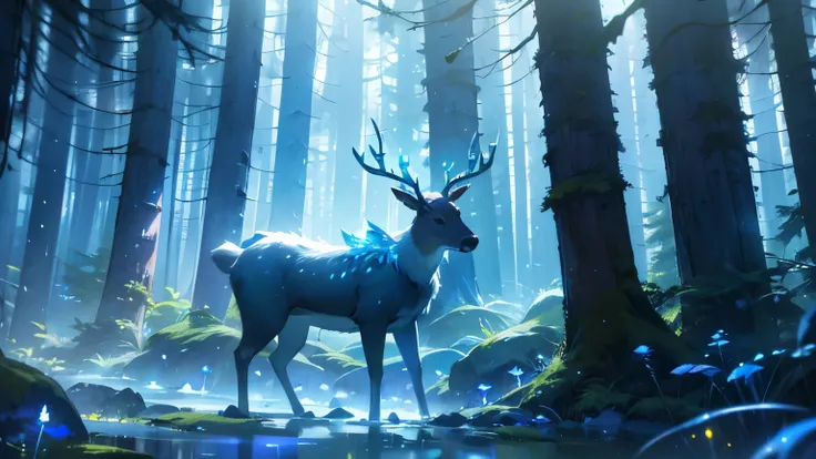 a magical deer with glowing blue horns in a fairy tale forest at night, the horns beautifully glow in the mist and illuminate the path, just like the moon, and flowers light up the path leading deeper into the forest,(best quality,4k,8k,highres,masterpiece...