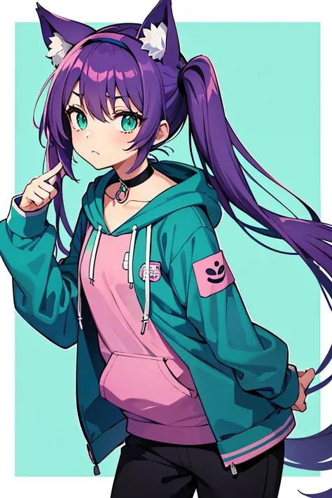 An anime-style VTuber character with light skin tone, very long purple hair in two high pigtails with bangs. The character wears a teal and dark blue gradient hoodie with a front pocket, long sleeves, dark pants, large green eyes, pink cat ears on a headba...