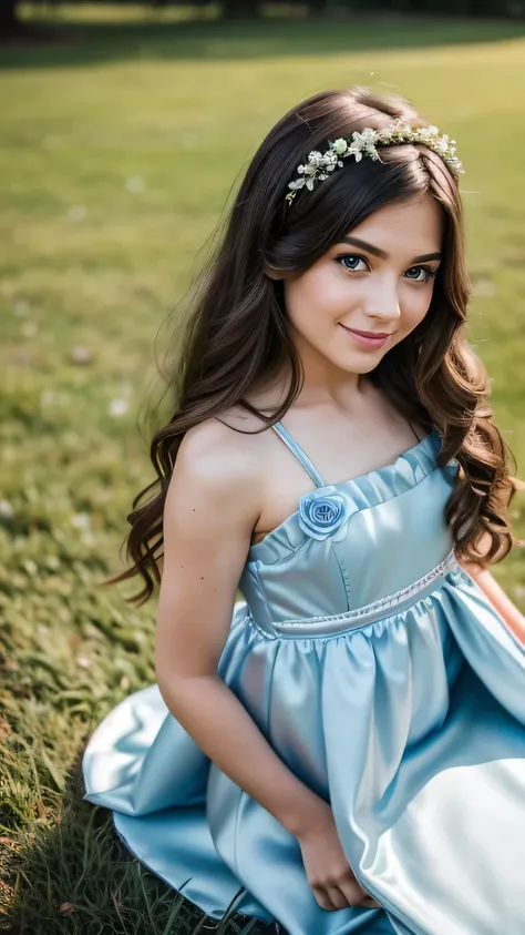 Realistic full body photo of a brunette flower girl aged 23 with long hair, smile. She dances in front of the camera in a long A-line dress with straps made of shiny dark blue satin.., Park,glamour fotoshooting, Wedding celebration, perfect anatomy, perfec...