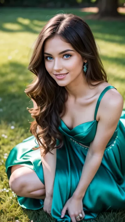 Realistic full body photo of a brunette flower girl aged 23 with long hair, smile. She dances in front of the camera in a long A-line dress with straps made of shiny dark green satin.., Park,glamour fotoshooting, Wedding celebration, perfect anatomy, perfe...