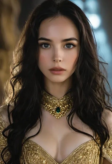 A  with pale skin and long hair, Straight black hair. big, black eyes, With an intense and mysterious look. Wearing costumes from the Orphan movie, With a more elegant and sophisticated touch, Something that matches her mysterious and strong personality. w...