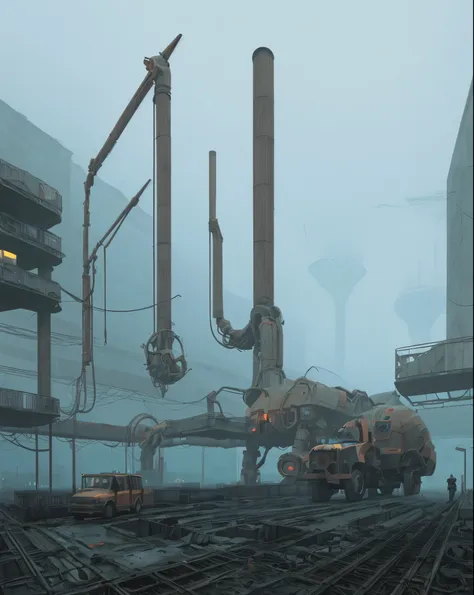 picture a remote,desolate industrial facility shrouded in a thick,stable fog. within this eerie mist,massive,antiquated machines...