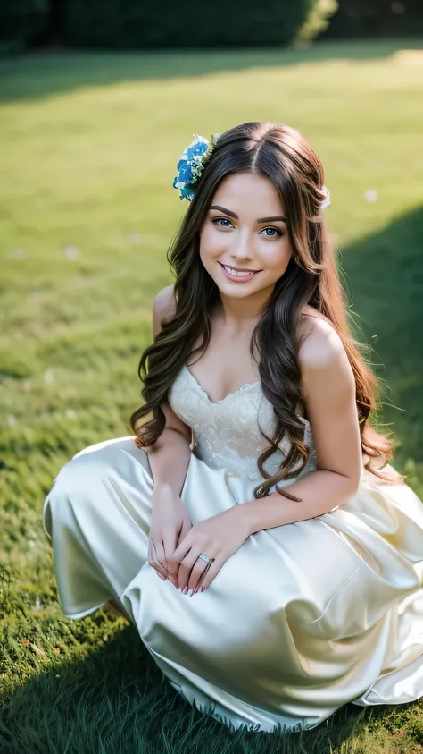 Realistic full body photo of a brunette flower girl aged 23 with long hair, smile. She dances in front of the camera in a long A-line dress with straps made of shiny dark green satin.., Park,glamour fotoshooting, Wedding celebration, perfect anatomy, perfe...