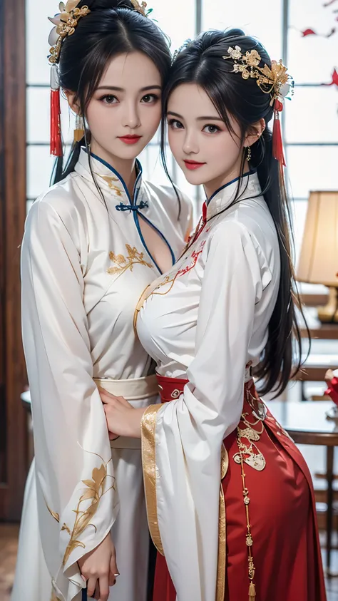 best quality,masterpiece,high resolution,(Delicate figure:1.5),Beautiful face,(Milky white skin:1.3),Intricate details,high resolution,wallpaper,((2 Girls)),Smile,One sitting,one standing behind,Exposed breasts,Red lingerie,Hair accessories,(gold and red s...