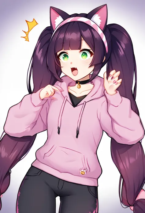 A high-quality image of an anime-style woman VTuber character with light skin tone, very long purple hair in two high pigtails with bangs. The character is wearing a teal and dark blue gradient hoodie with a front pocket, long sleeves, dark pants, large gr...