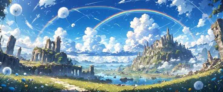 ((Amazingly absurd)),(masterpiece:1.2),超High resolution, Attention to detail, high quality, High resolution, 最high quality, 4K, 8k、very beautiful、landscape、landscape画、Endless blue sky、A rainbow appears、There is a group of ruins、Dandelion fluff flies up,rai...