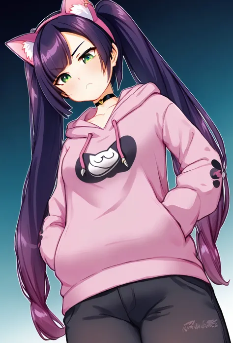 A high-quality image of an anime-style woman VTuber character with light skin tone, very long purple hair in two high pigtails with bangs. The character is wearing a teal and dark blue gradient hoodie with a front pocket, long sleeves, dark pants, large gr...