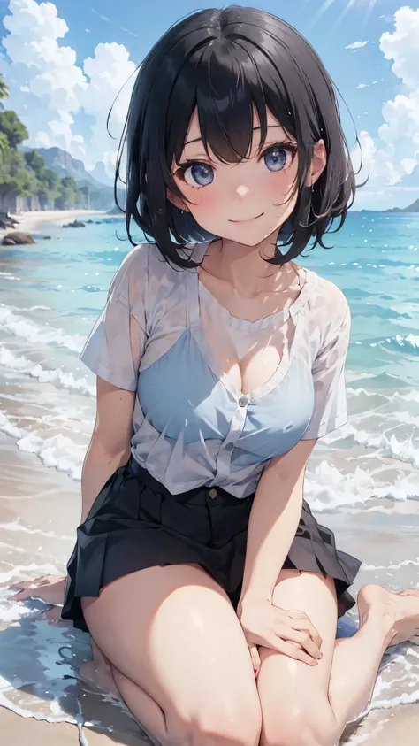 black short bob、cute smile、white button-down shirt、big breasts、a shirt with a blue bra showing through、big breastsでパツパツのボタンダウンシャ...