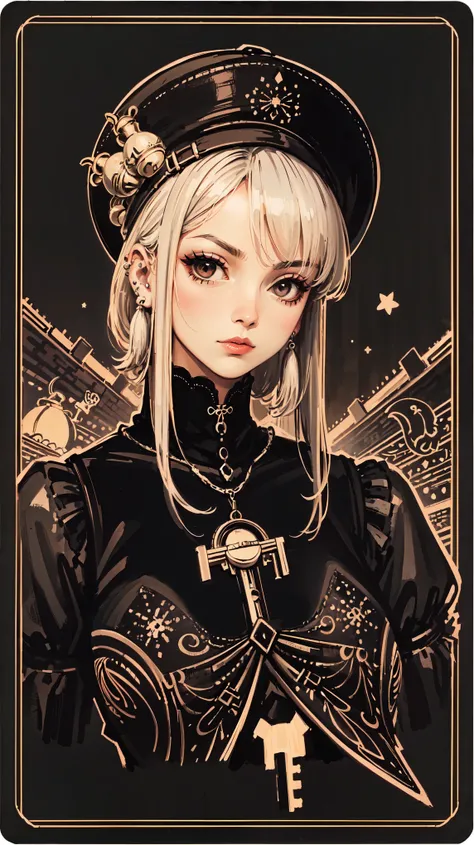 anime girl in pastel colors , a work painted with a dry brush taking into account the proportions . A beautiful pale face with a piercing gaze in the side. (medieval European jesters hat with Rhomboid patterns on the hat , a couple of key colors , small be...