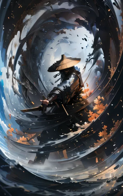 painting, a Chinese warrior with a sword in his hand, Swirling cyclone, Bambushut, Super wide angle lens, bunte Arrangements, Shige&#39;s visual aesthetic style, from flowers, claire-obscure lighting, dark orange and blue-green, I can&#39;t believe, how be...