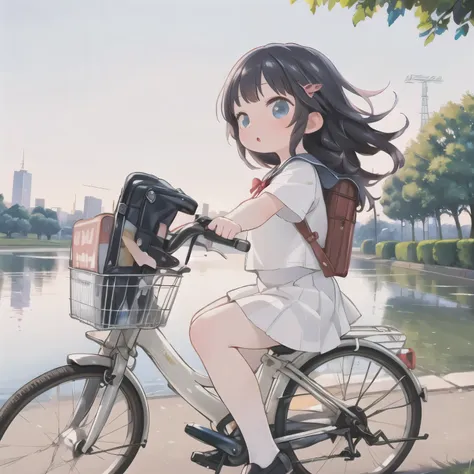 (masterpiece, ultra-high resolution，highest quality:1.2), reality、very short stature， on a bicycle，alone、middle school girls，sum...