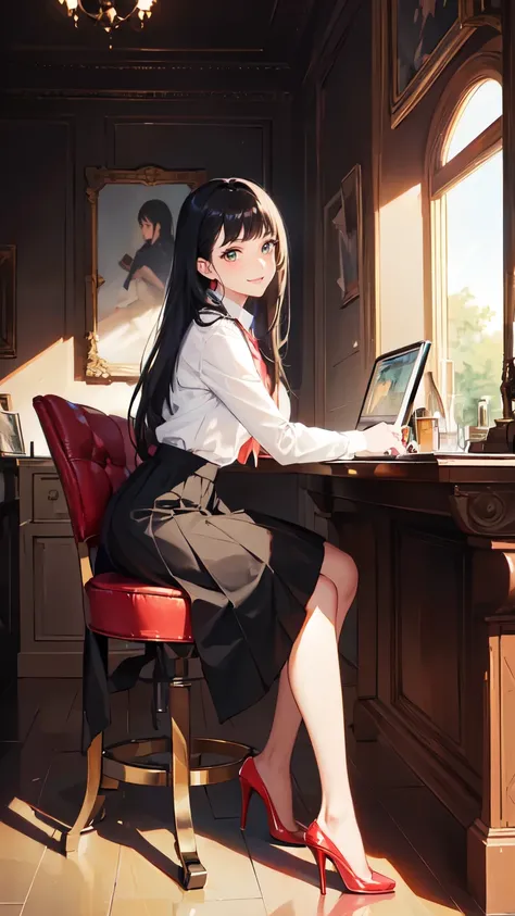 ((masterpiece, high resolution, better quality, better details)), ((Smiling)), ((one girl)) a girl sitting in the office, full body, maxi green skirt, blouse,((louboutin high heels)), green eyes , ((black hair, long hair)), shiny skin, ((behind view)), sol...