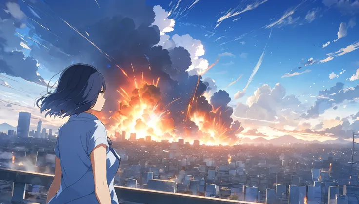 High definition、high resolution、Masterpiece、blue sky、City、Osaka City、Big Explosion、City、fire、Woman gazing in the distance、Makoto Shinkai style、