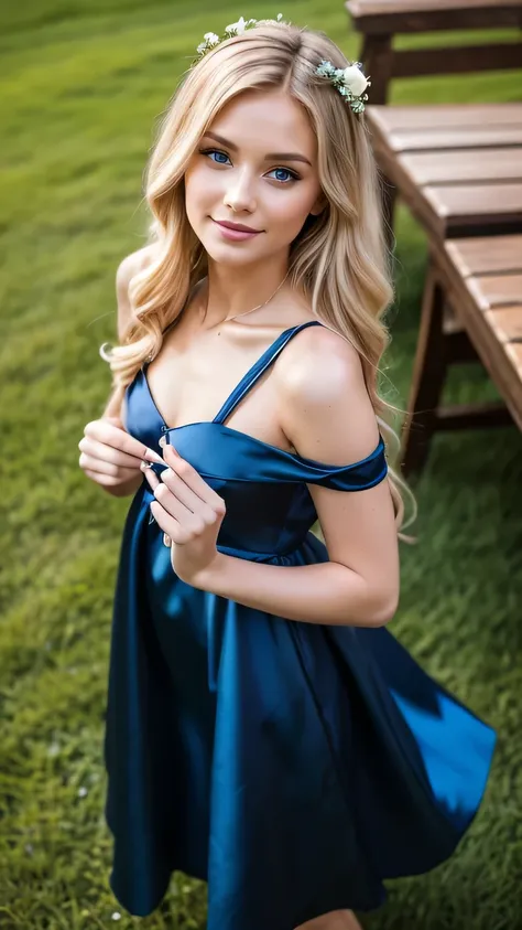 Realistic full body photo of a blonde flower girl aged 23 with long hair, smile. She dances in front of the camera in a long A-line dress with off-shoulder straps made of shiny darkblue satin.., Park,glamour fotoshooting, Wedding celebration, perfect anato...