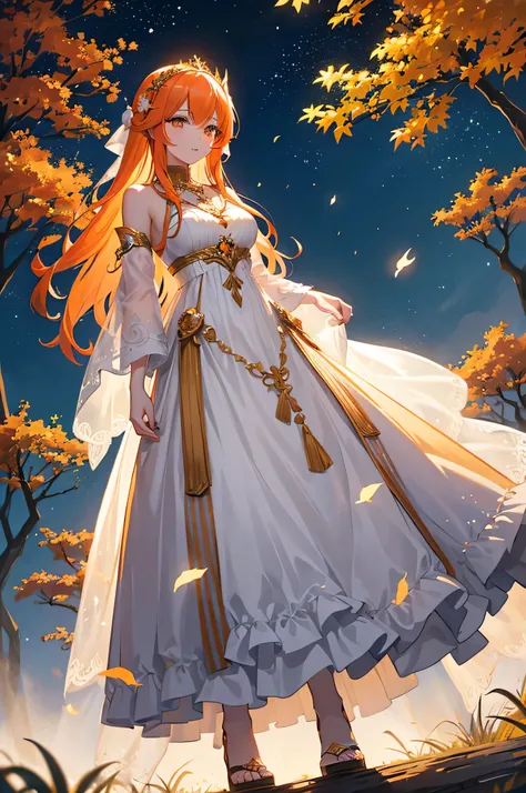 A young woman with long orange hair and matching orange eyes, standing under a sky full of twinkling stars and a glowing moon. She’s wearing a delicate pendant shaped like a maple leaf, which glows softly in the moonlight. Her big boobs are accentuated by ...