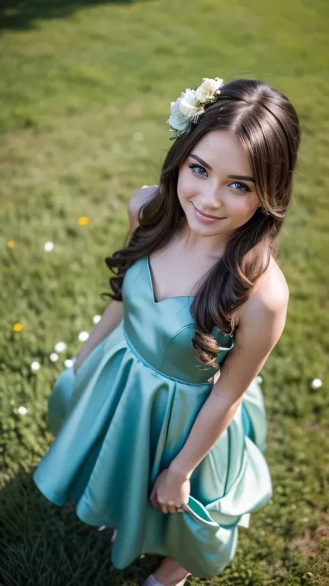 Realistic full body photo of a brunette flower girl aged 23 with long hair, smile. She dances in front of the camera in a long A-line dress with straps made of shiny darkgreen satin.., Park,glamour fotoshooting from above, Wedding celebration, perfect anat...