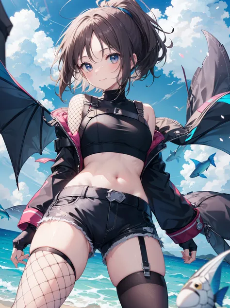 ,Haircuts, pixie cut,
BLAKE crop top, fingerless gloves, fishnet Thighhighs, fishnet, forehead protector, gloves, head band, belly button, very_short_shorts, shorts, single sleeve, No sleeve, No sleeve turtleneck, Thighhighs, turtleneck, darkbrown_hair,
、b...