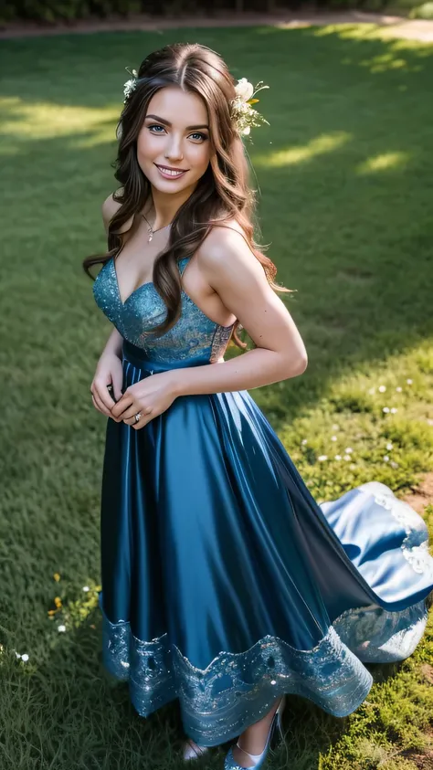 Realistic full body photo of a brunette flower girl aged 23 with long hair, smile. She dances in front of the camera in a long A-line dress with straps made of shiny darkblue satin.., Park,glamour fotoshooting from above, Wedding celebration, perfect anato...