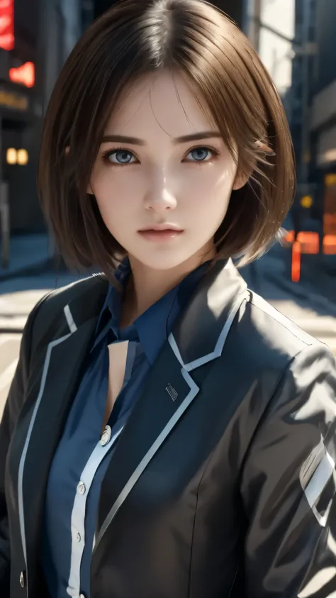 16K, High resolution, RTTX 10.0, Ray Tracing, Natural light, Absurd, Top quality masterpiece, Perfect anatomy and highly detailed face, Detailed eyes, One girl, alone, Wear a business suit, shirt, Open the top button, Beautiful Hair, very beautiful, Edgy, ...