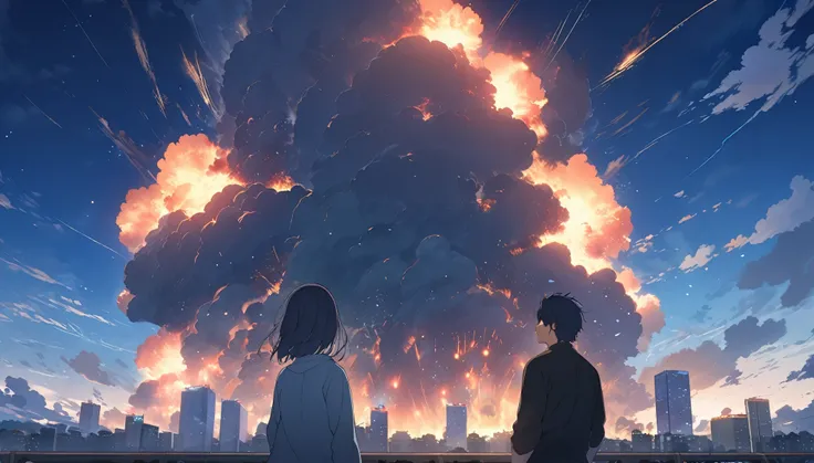 
High definition、high resolution、Masterpiece、evening、The sky is dark、A city with an ocean view、Fukuoka City、Big Explosion、City、fire、From below、Man gazing in the distance、Makoto Shinkai style、