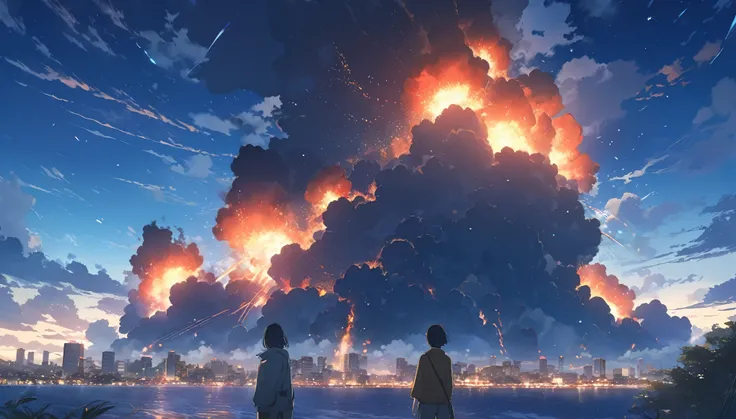 
High definition、high resolution、Masterpiece、evening、The sky is dark、A city with an ocean view、Fukuoka City、Big Explosion、City、fire、From below、Man gazing in the distance、Makoto Shinkai style、