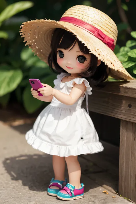 Photorealistic、Chibi Girl Dollとマスコットロボットのコラボ写真、Chibi Girl Dollがマスコットロボットの写真撮影をしている、Chibi Girl Doll(Blushing smile、hairpin、Cute Shoes、one piece、Summer clothes、Straw hat、Taking a photo with a smartphone）、No background