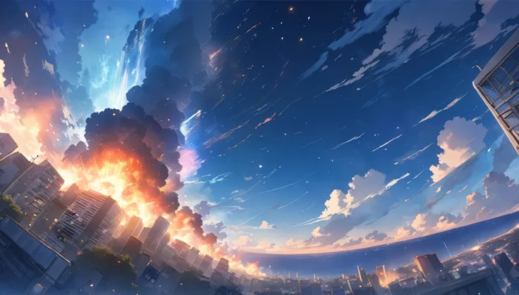 High definition、high resolution、Masterpiece、evening、Numerous pastel glitters、The sky is dark、A city with an ocean view、Fukuoka City、Big Explosion、City、fire、From below、Man looking up、Makoto Shinkai style、