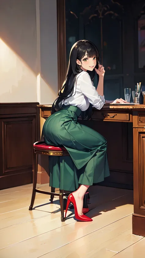 ((masterpiece, high resolution, better quality, better details)), ((Smiling)), ((one girl)) a girl sitting in the office, full body, maxi green skirt, blouse,((louboutin high heels)), green eyes , ((black hair, long hair)), shiny skin, ((behind view)), sol...