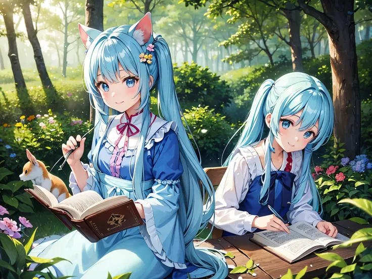 Light blue long hair、Beautiful girl with twin tails、In the bright forest、A lot of colorful flowers are blooming、Reading a book with the animals of the forest、A kind smile、Squirrels and rabbits are gathering around the girl.