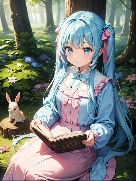 Light blue long hair、Beautiful girl with twin tails、In the bright forest、A lot of colorful flowers are blooming、Sitting on a tree stump reading a book with the animals of the forest、Adorable smile、Squirrels and rabbits are gathering around the girl.