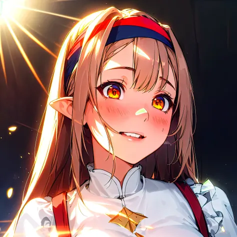 1 girl, solo, a high resolution, long hair, Breasts, looks at the viewer, blushing, Smile, Red eyes, hair ornament, tape, yellow eyes, hair ornament в виде бантика, Headband, parted lips, Tooth, pointy ears, back view, To profile, Dutch corner, Multiple pr...