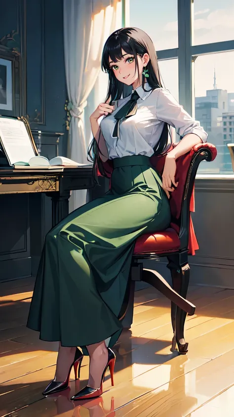 ((masterpiece, high resolution, better quality, better details)), ((Smiling)), ((one girl)) a girl sitting in the office, full body, maxi green skirt, blouse,((louboutin high heels)), green eyes , ((black hair, long hair)), shiny skin, ((behind view)), sol...