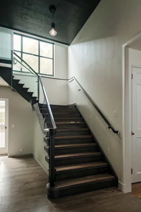 Dark grey staircase with natural light. Black cylindrical handrail. White walls. A pistachio green wall. interior.