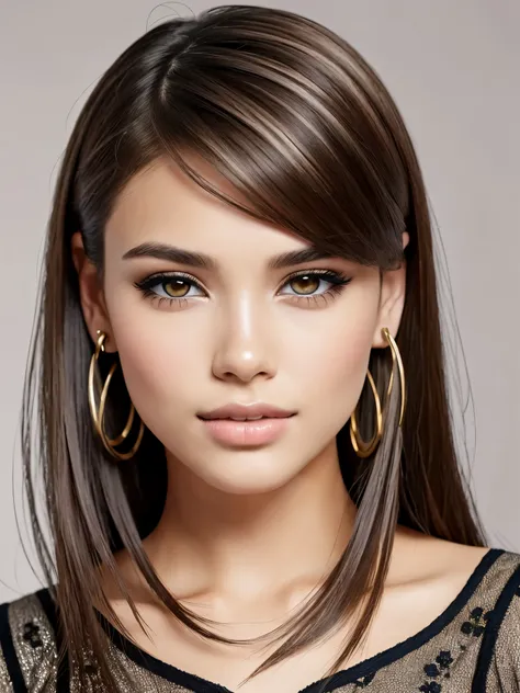 beautiful girl, brown_eyes, ((beautiful slim teenage girl 1, hair color [Brown highlights hair], [undercut pixie] hair)), earrings, lips, realistic, narrow waist, charming, pink lipstick, colorful makeup, long eyelashes, earrings, wearing eyeliner, fair sk...