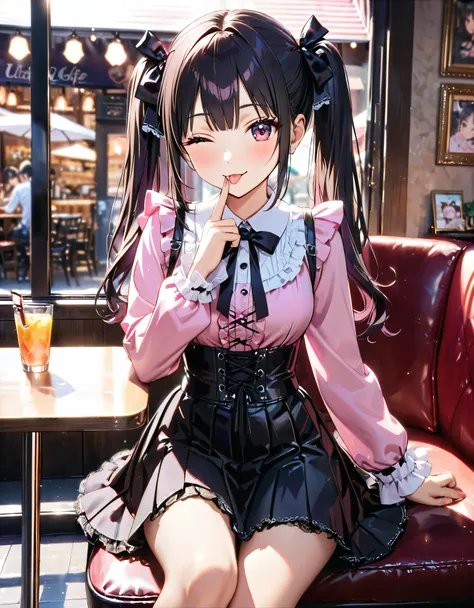 (((blouse pink blouse))), (frilled shirt with black ribbon and lot of frills), (cute lace-up pleated skirt with ruffles:1.2), (lace-up skirt, skirt black skirt:1.2), jirai kei costume, sit down, one eye closed, finger to mouth, tongue out, head tilt, anime...