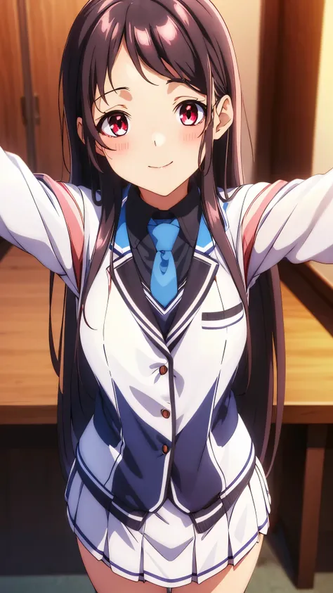 Show your armpits,Kaori Hojo, girl, (masterpiece: 1.1), (highest quality: 1.1), red eyes, long hair, cute smile, blush, ((school uniform), jacket, sleeve, tie, white skirt), pantyhose, loafers, school room, ((Swayback stance:1.2)), (cinematic angle:1.3, u...