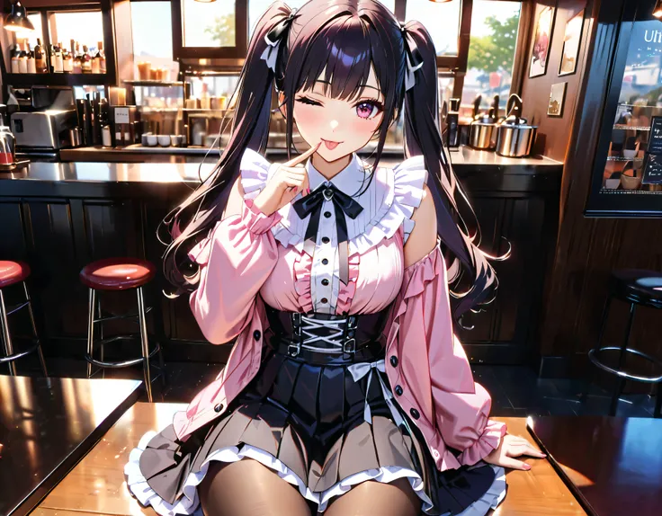 (((blouse pink blouse))), (frilled shirt with black ribbon and lot of frills), (cute lace-up pleated skirt with ruffles:1.2), (lace-up skirt, skirt black skirt:1.2), jirai kei costume, sit down, one eye closed, finger to mouth, tongue out, head tilt, anime...