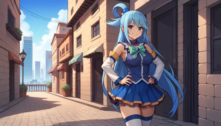 Score_9, score_8_up, score_7_up, score_6_up, score_5_up, score_4_up, BREAK source_anime,city,outdoor,smile,standing,put hands on hips, aqua /(konosuba/), long hair, blue eyes, hair ornament, very long hair, blue hair, hair rings, single hair ring,blue skir...
