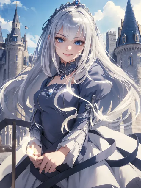 ((Highest quality)), ((masterpiece)), (detailed), Perfect Face, girl, A kind smile, Silver Hair, Very long hair, Dark blue eyes, Data dress, A castle in the background, Princess