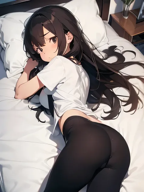 1girl, 21 yro, dakimakura shot, long brown hair, black shirt, wearing black slim tight cotton leggings, cute, sleeping on the bed, unconscious, leg action, absurdres, high res, ultrasharp, 8K, masterpiece, from behind position