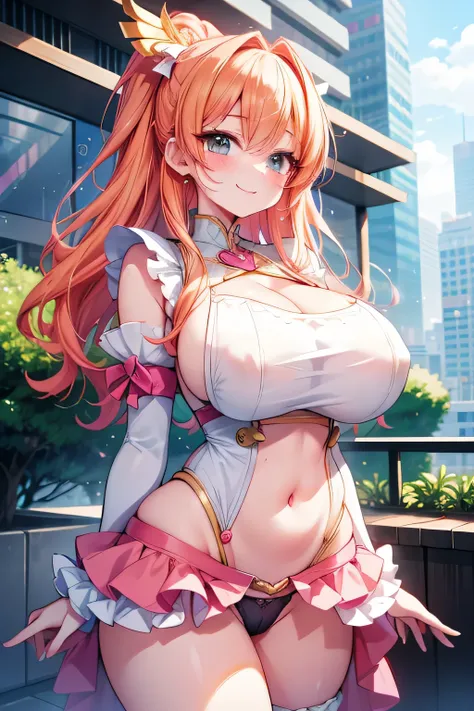 Hentai、High resolution、smile、Pretty Cure、Bradamante、A plump, big-breasted, orange-haired magical girl shows off her charms in the rooftop garden of a futuristic high-rise building.、A lewd dress for a magical girl with frills、A skirt so short you can see he...