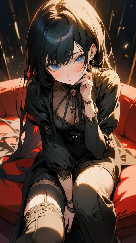 a beautiful anime girl with long black hair, blue eyes, timid expression, small breasts, putting on thigh high stockings, sitting on a sofa, (best quality,4k,8k,highres,masterpiece:1.2),ultra-detailed,(realistic,photorealistic,photo-realistic:1.37),intrica...