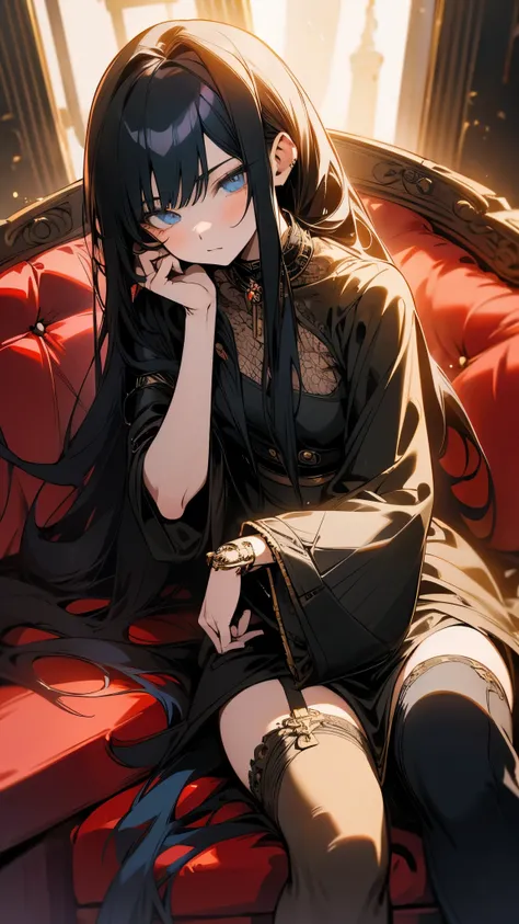 a beautiful anime girl with long black hair, blue eyes, timid expression, small breasts, putting on thigh high stockings, sitting on a sofa, (best quality,4k,8k,highres,masterpiece:1.2),ultra-detailed,(realistic,photorealistic,photo-realistic:1.37),intrica...