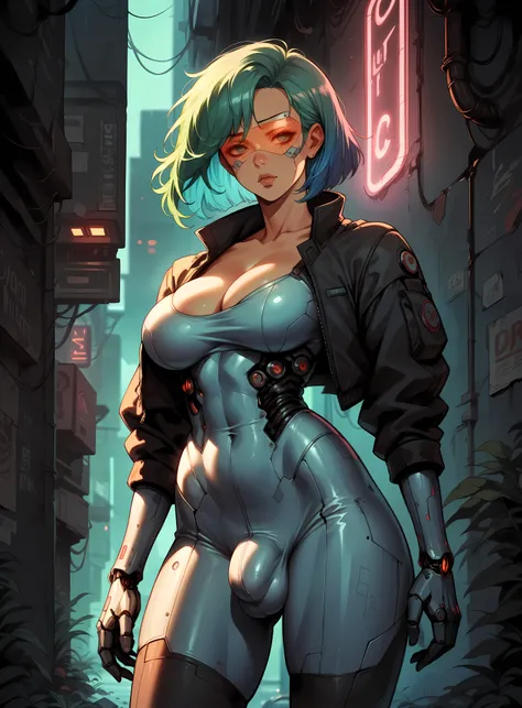 Mature cybernetic futanari,big boobs, cleavage, dimly lit, neon-lit futuristic alley, metallic bodysuit, holographic visor, short asymmetrical neon hair, high thigh neon stockings, leaning against a glowing wall, legs spread, thick, big bulge, tight sexy b...