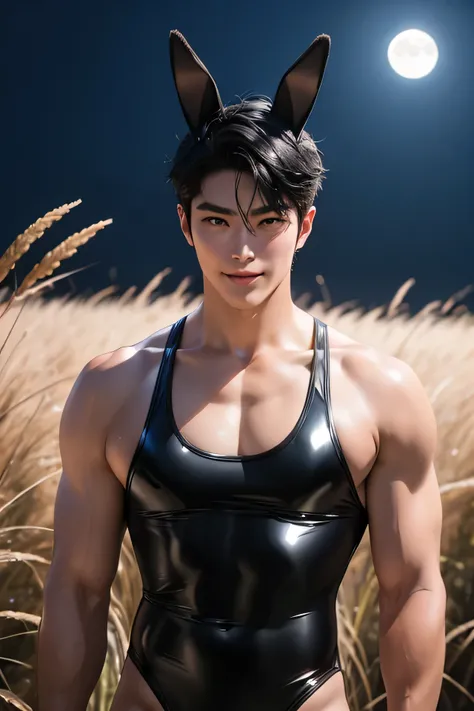 Japanese　　Handsome model　　male　　smile　　　Black Hair　　Short cut　Short hair　　　looking at the camera　　　　　Shiny full-body silver wrestling uniform　Mega Bulge　　Shiny silver latex singlet　looking at the camera　Japanese silver grass　Upper body close-up　　Bunny ears...