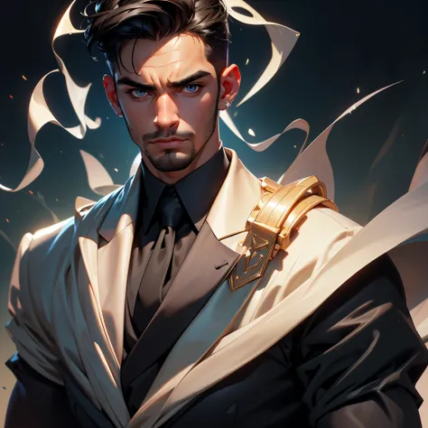 envision a 8k, highres, cinematic, detailed, semi realistic close up face pinup of a handsome Greek Man, a muscular body, strong jaw, chad face, clean shaved, and short black hair, black eyes, 3 piece suit, (((1boy))), in dark lighting, against a dark back...