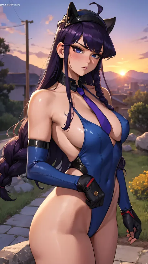 masterpiece, highres, best quality, Komi Shouko, sexy pose, twin braids, long hair, purple hair, antenna hair, garrison cap, blue headwear, blue eyes, scar on cheek, large breasts, yellow necktie, (blue leotard:1.1), long sleeves, fingerless gloves, bodypa...