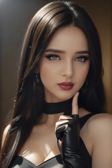 photoRealistic, Lip gloss, Realistic, Highest quality, Ultra-high resolution, depth, pastel colour, Natural Shading, Focus on the face, Only the face, Looking at the audience, Long Hair, Black Hair, Brown, well-detailed eyes, Black Dress, gloves, Anatomica...