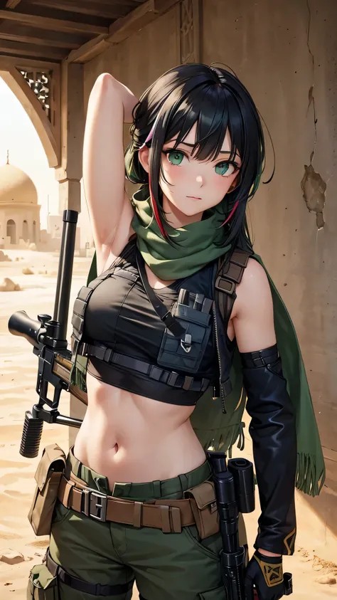 all realistic intrincate details, scarf, crop tank top, bulletproof vest, cargo pants, gloves, sniper rifle, scope, trigger discipline, desert, middle eastern architecture, must raised armpit, holding ranged weapon, long hair, bangs, black hair, hair ornam...