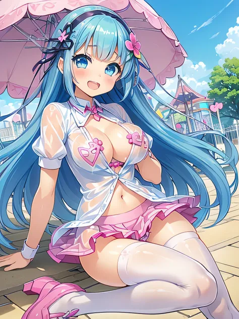 ((The best image quality、the best、1 girl、Draw in detail))、
(Light blue hair、Long Hair、Straight hair、1 flower-shaped hair accessory)、((Light blue eyes、Active、Large Breasts、Low Length))、(smile、Open your mouth and laugh)、((No underwear))、(No underwear、No unde...